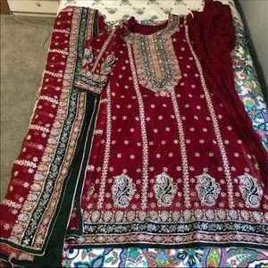Pakistani Indian shalwar kameez anarkali formal outfit desi clothes frock red